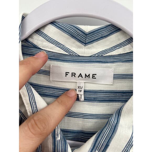 FRAME Stand Collar Striped Linen Blend Shirt In Blue XS - Picture 3 of 6